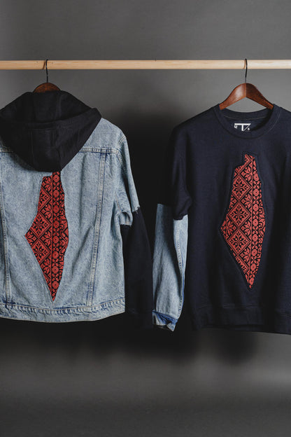 Front view jacket with hand-cut Palestine map and tatreez accents, unisex streetwear