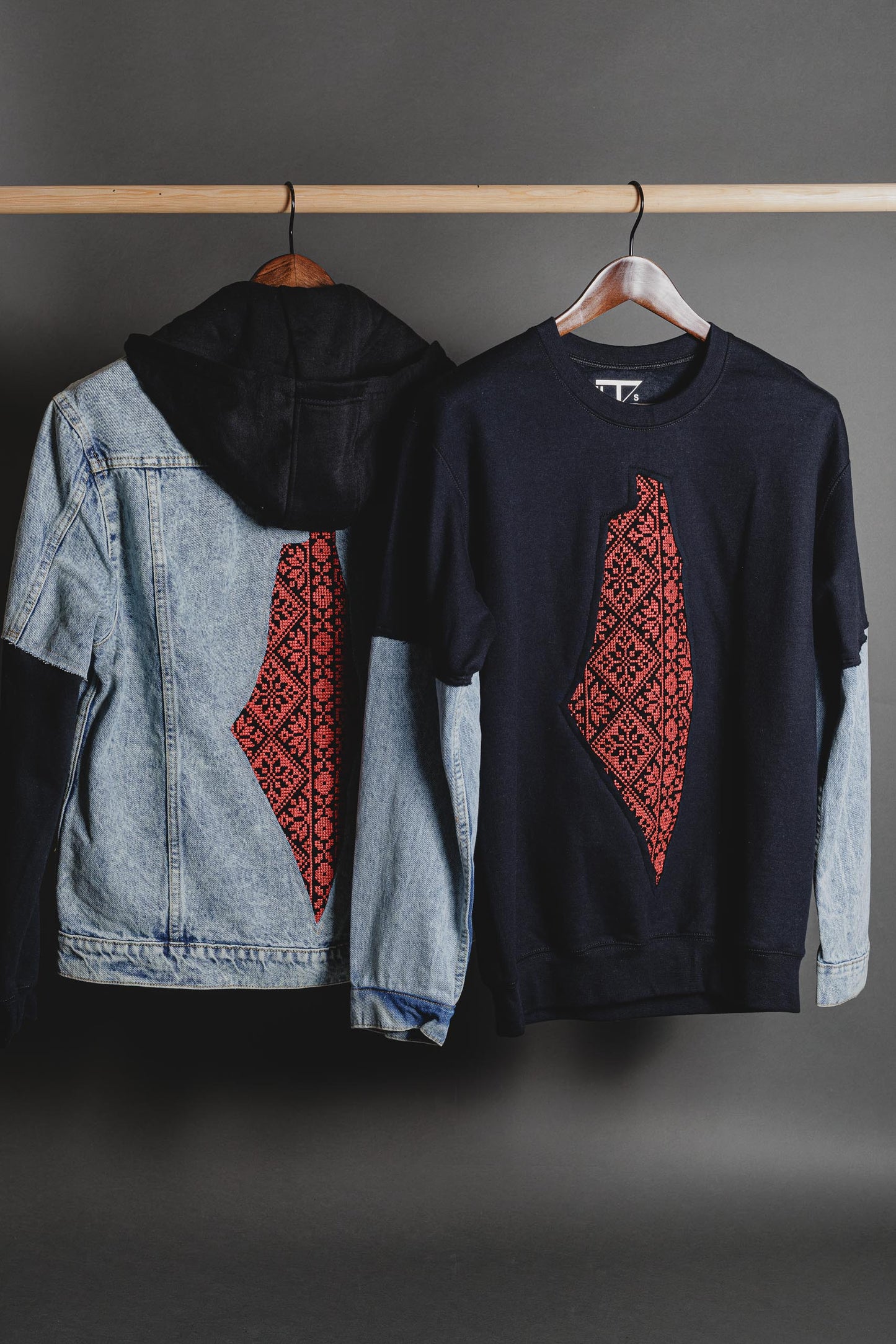 Close-up of hand-cut Palestine map with tatreez embroidery on mixed-media jacket