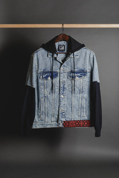 Front view of sweatshirt with denim sleeves and Palestine map applique