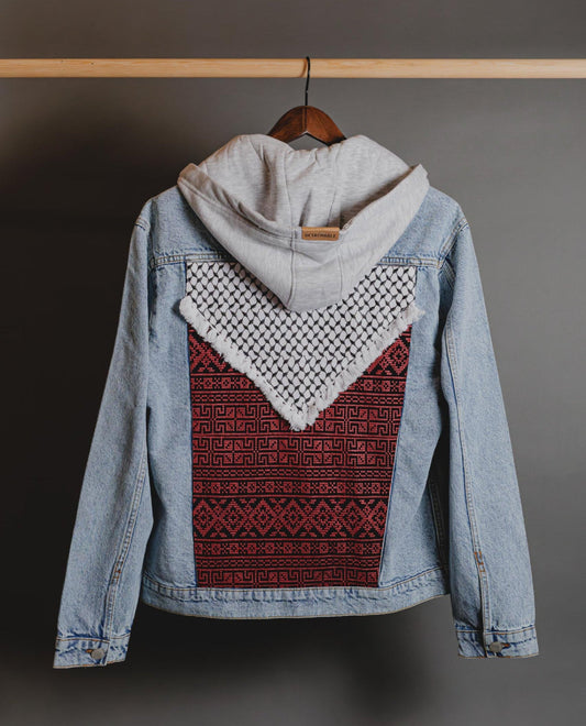 Detail of removable hood on Palestinian Keffiyeh denim jacket for versatile layering