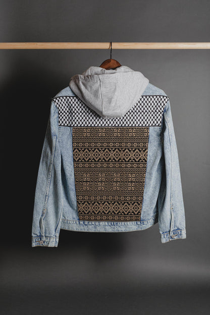 Inner stitching and lining detail of Keffiyeh denim jacket showing craftsmanship