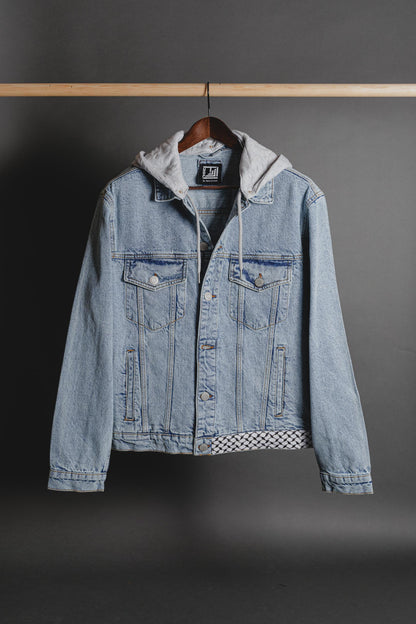 Side angle view of Palestinian Keffiyeh denim jacket showing fit and sleeve design
